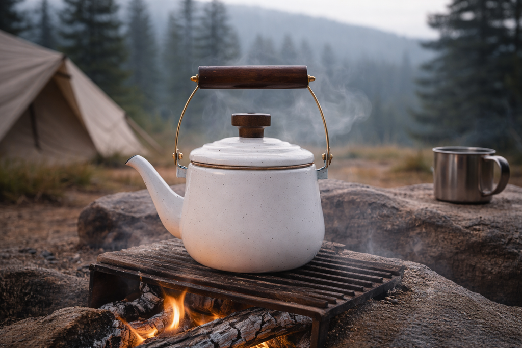 White teapot on a campfire with a tent and forest in the background