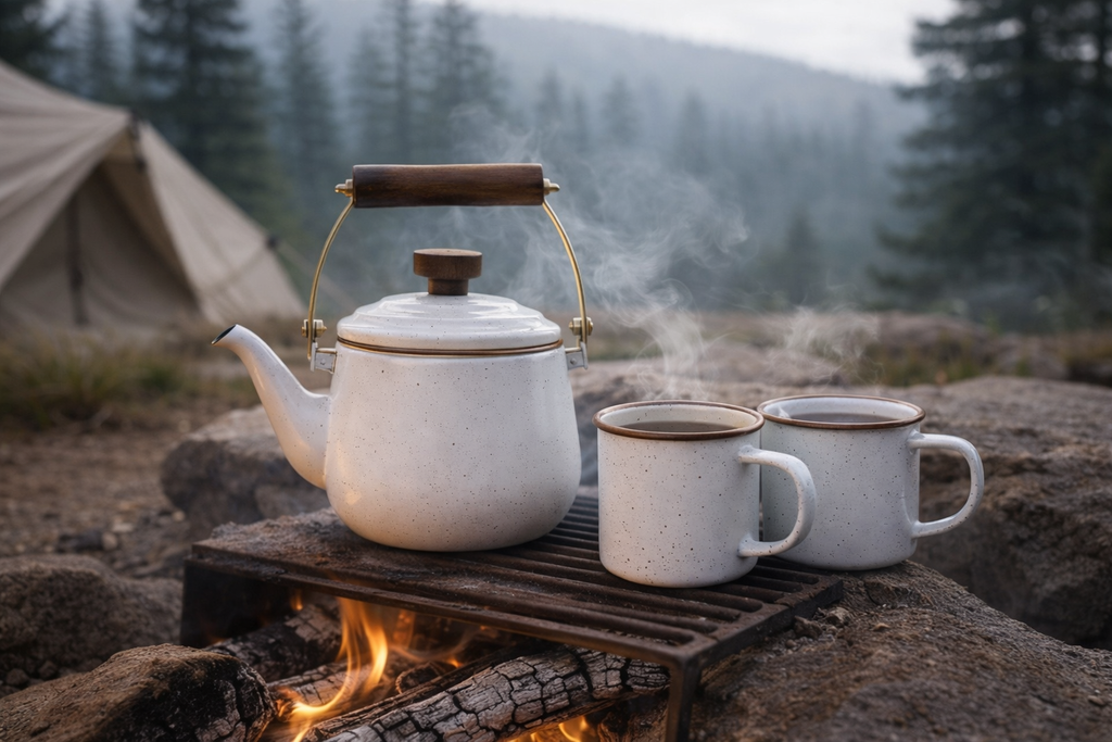 White teapot and mugs on a campfire with a tent and forest in the background