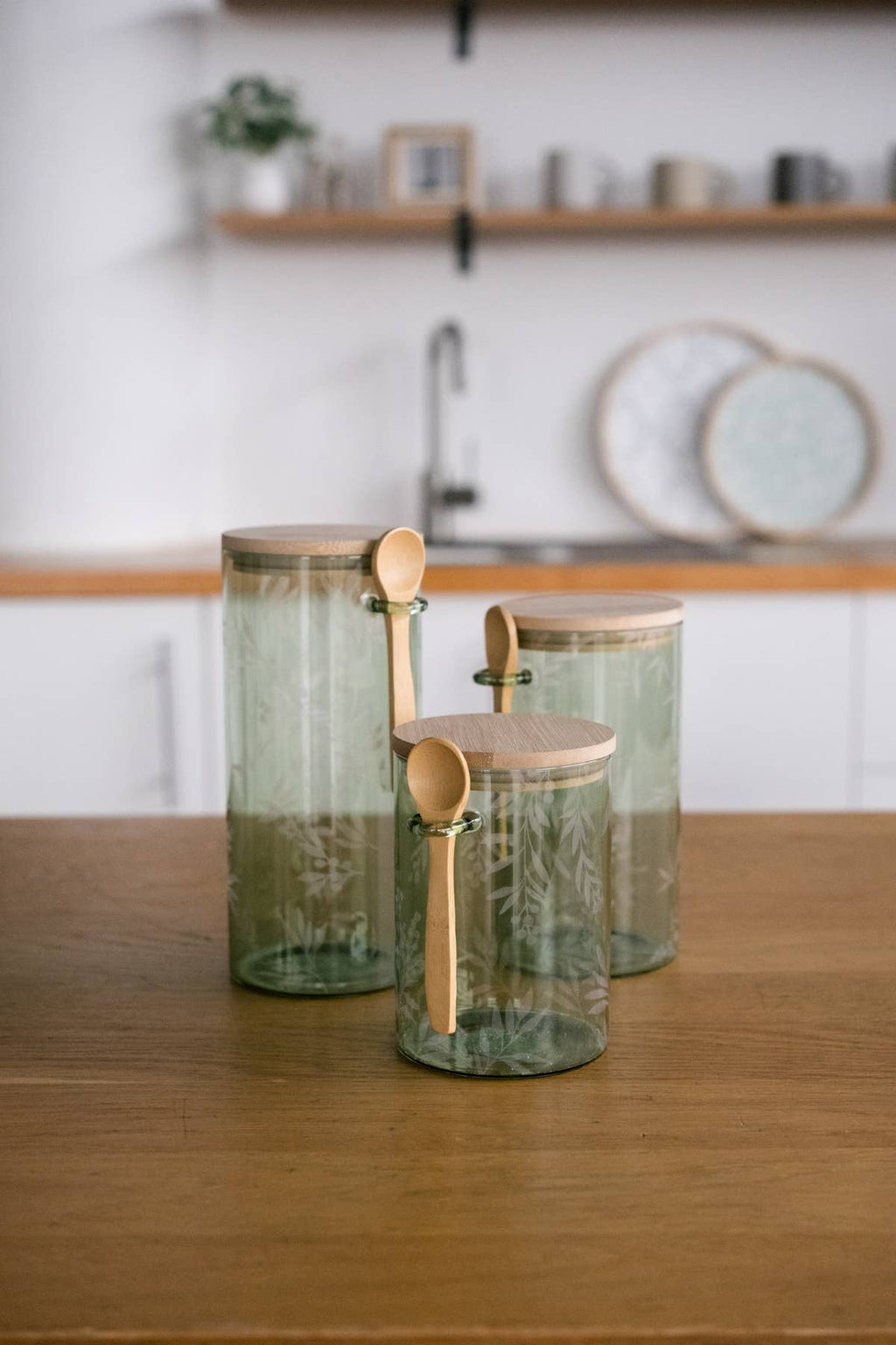 Cottage Bloom Green Glass Canisters S/3