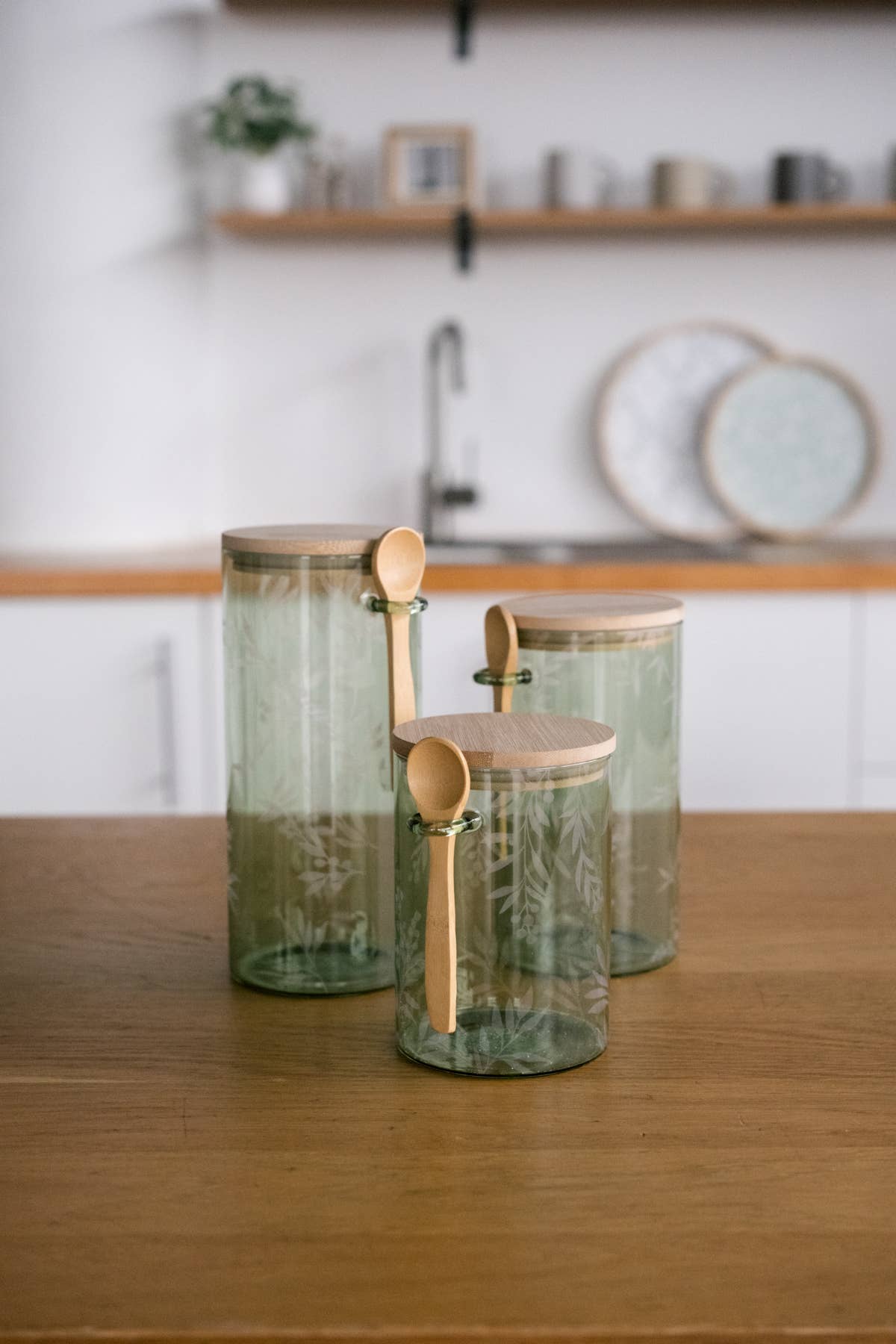 Cottage Bloom Green Glass Canisters S/3
