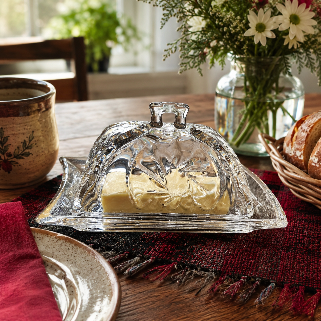 Crystal-Cut Glass Butter Dish with Cover