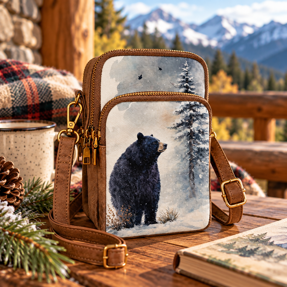 "Black bear in snow wildlife art canvas crossbody phone sling with leather-look straps and antique brass hardware, styled on a mountain cabin porch table with plaid blanket, pine branches, pinecones, and a camp mug against a snowy mountain backdrop"