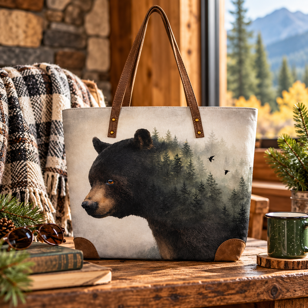 "Forest black bear wildlife art canvas tote bag with leather-look straps styled on a rustic wood table with plaid blanket, pine branches, and a green camp mug in a mountain cabin setting"
