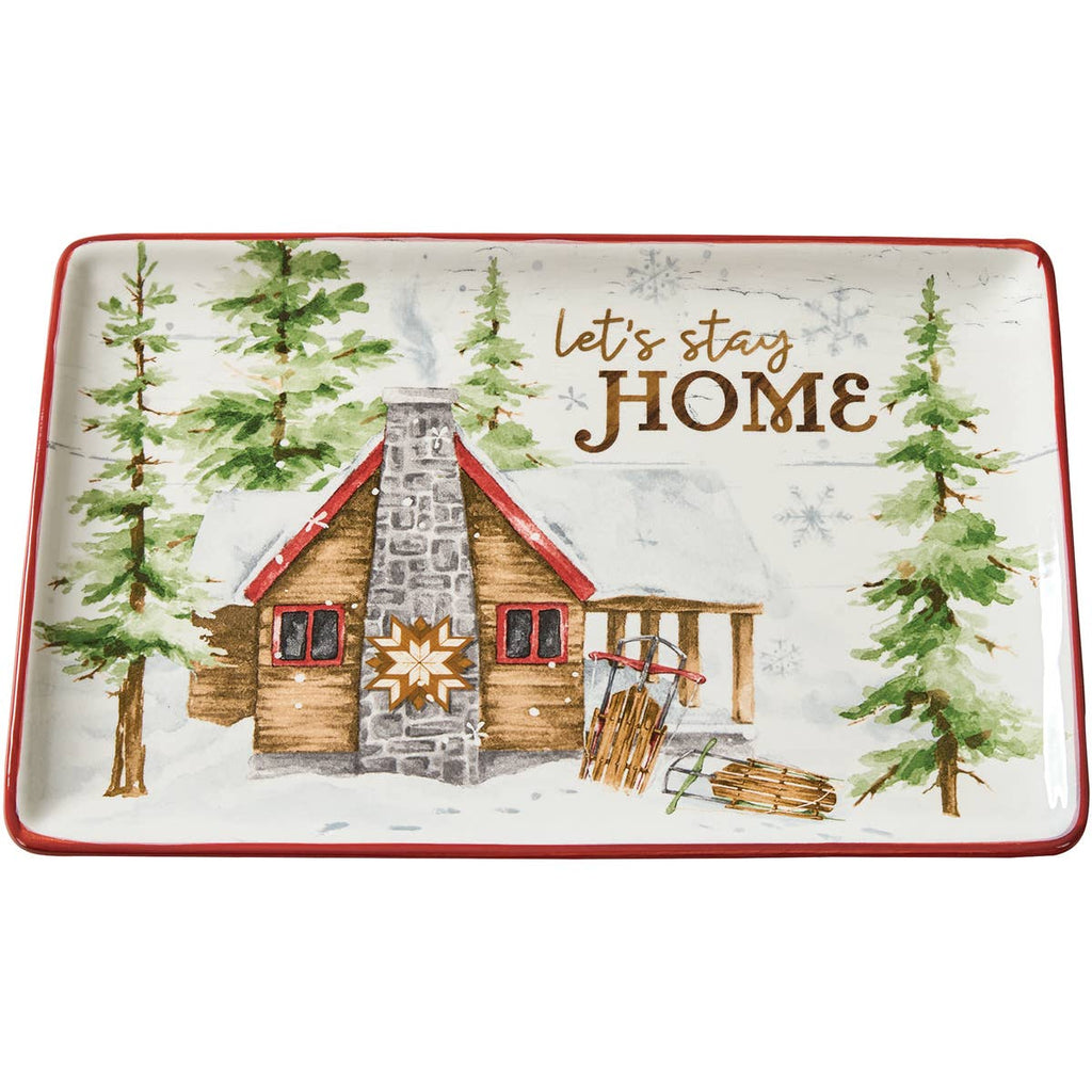 Park Designs Snowflake Lodge rectangular serving platter with Let's Stay Home snowy log cabin and pine tree design, red rim, product view"