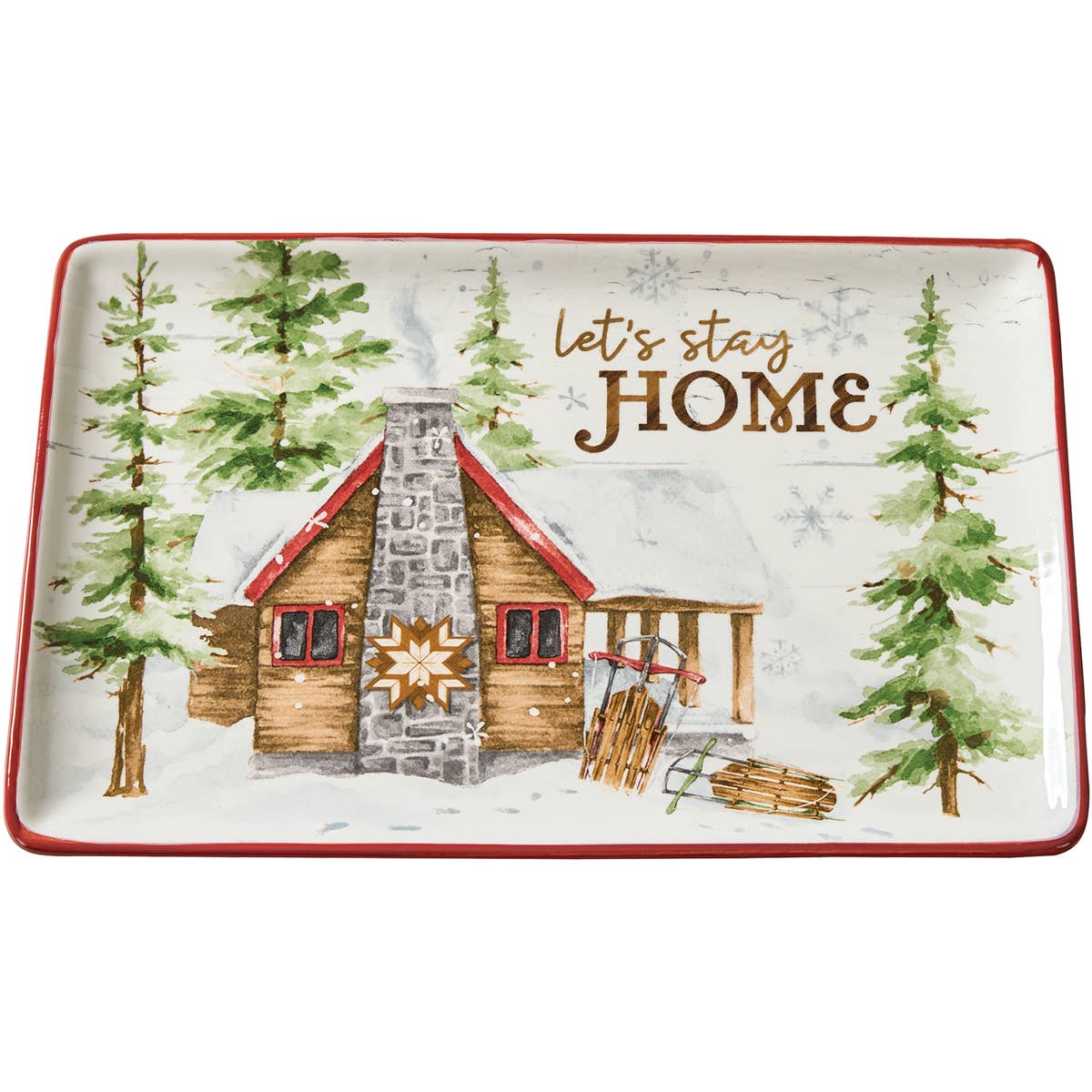 Park Designs Snowflake Lodge rectangular serving platter with Let's Stay Home snowy log cabin and pine tree design, red rim, product view"