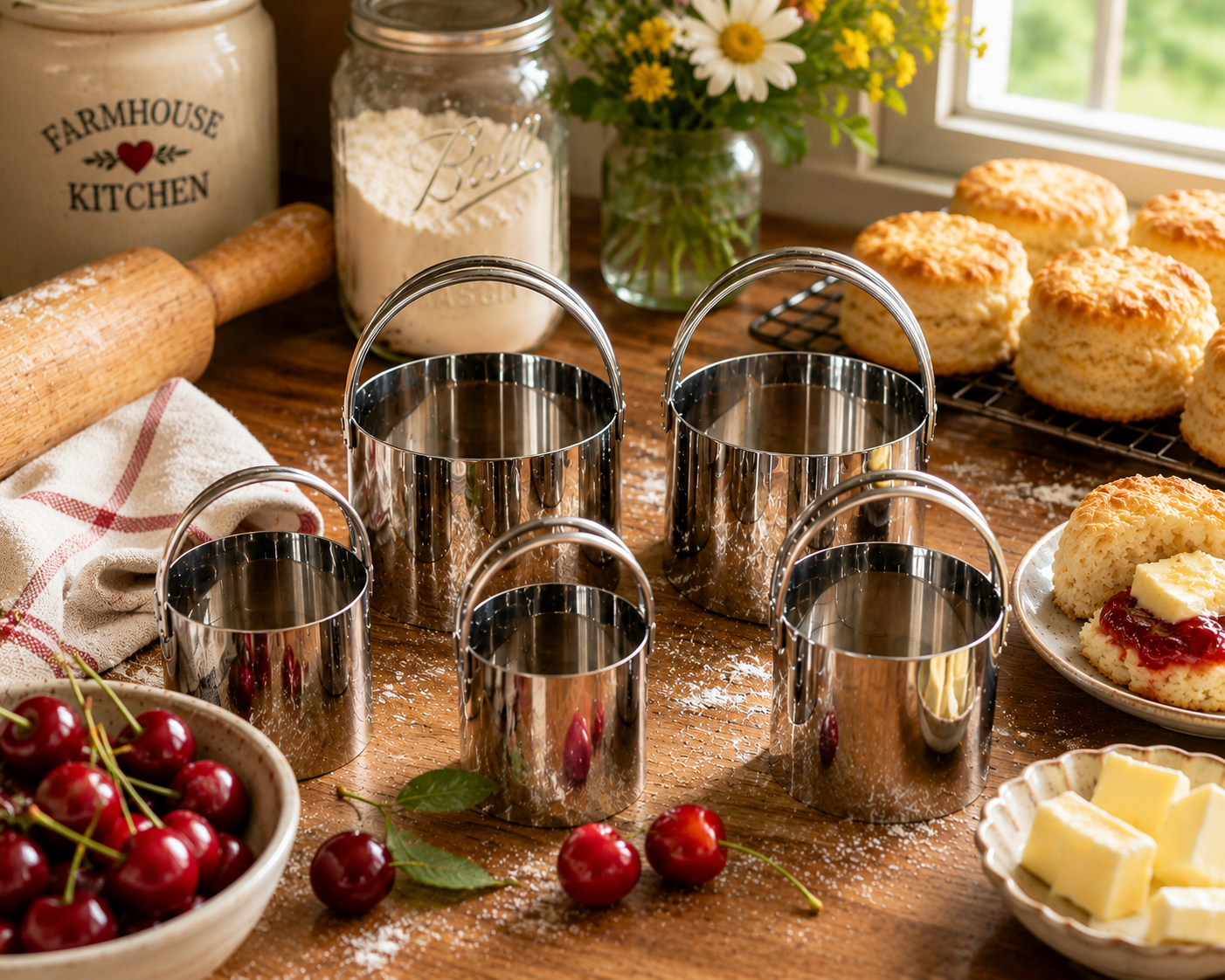 Five stainless steel biscuit cutters in varying sizes on a flour-dusted wooden countertop surrounded by fresh cherries, a rolling pin, and golden biscuits topped with jam and butter — Fox Run