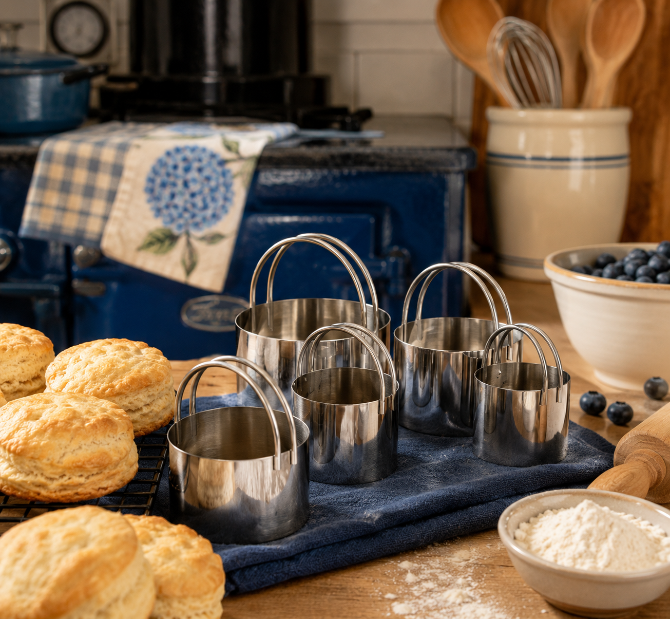 Five stainless steel biscuit cutters in graduated sizes displayed on a navy linen beside golden baked biscuits, fresh blueberries, a bowl of flour, and a vintage blue enamel stove in a farmhouse kitchen — Fox Run