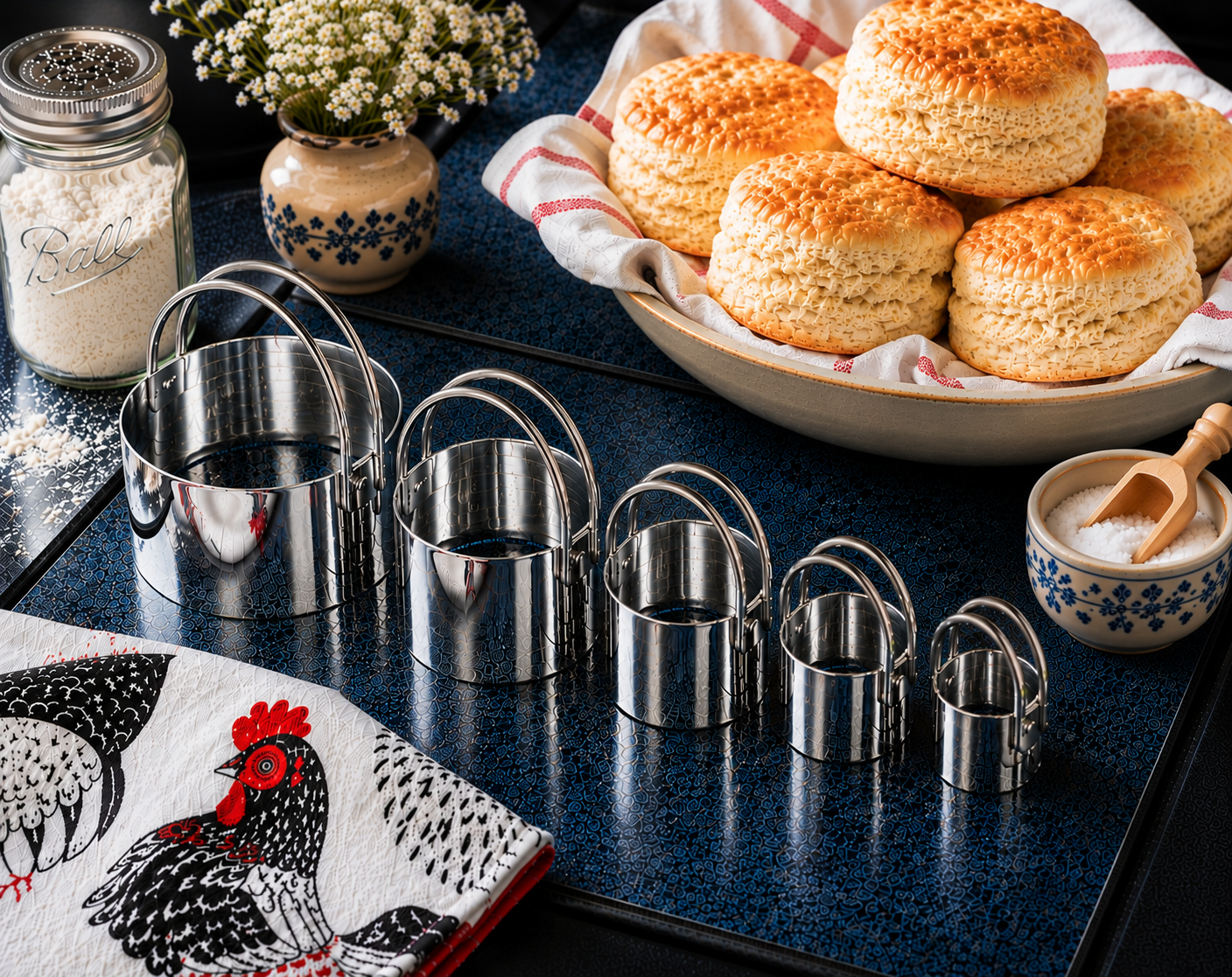 Set of 5 stainless steel biscuit cutters in graduated sizes displayed on a dark countertop beside a bowl of freshly baked biscuits, a Ball jar of flour, and a rooster kitchen towel — Fox Run