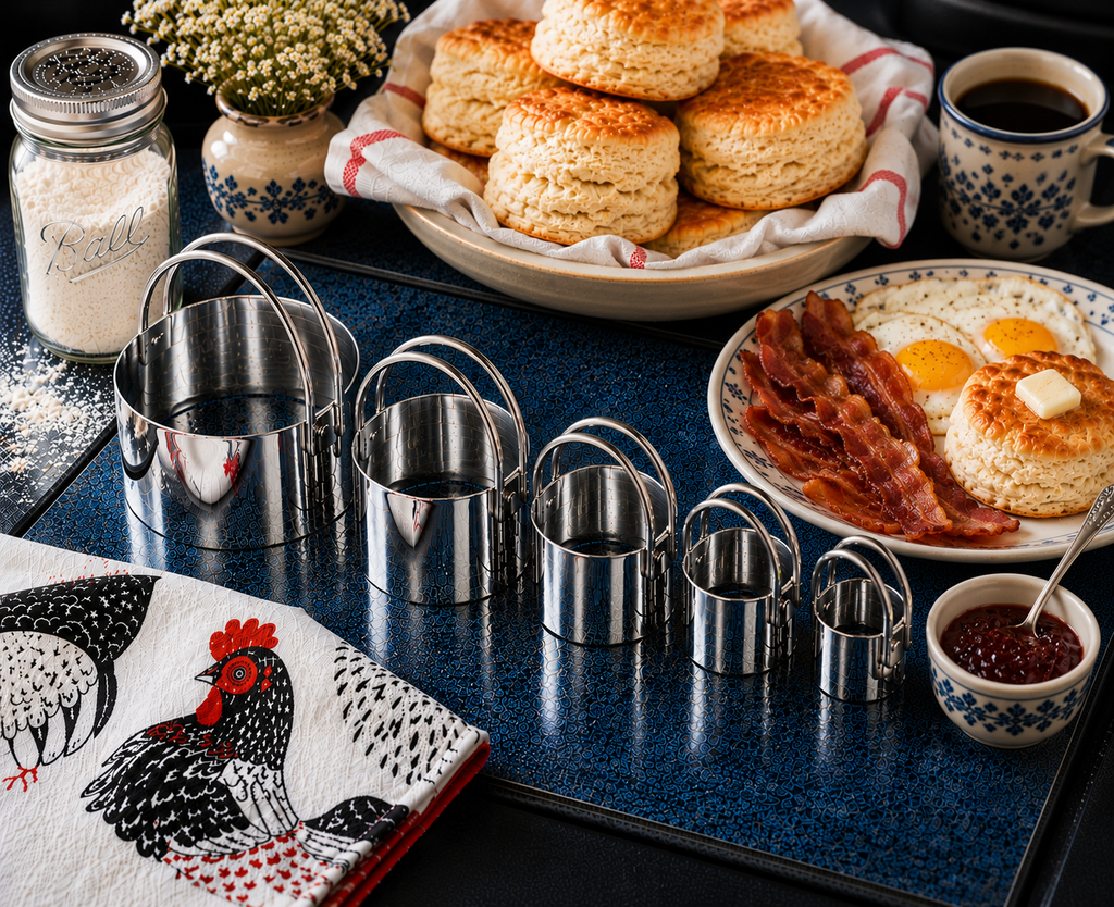 Five professional-grade stainless steel biscuit cutters arranged by size next to a full Southern breakfast of biscuits, eggs, bacon, and jam — Fox Run
