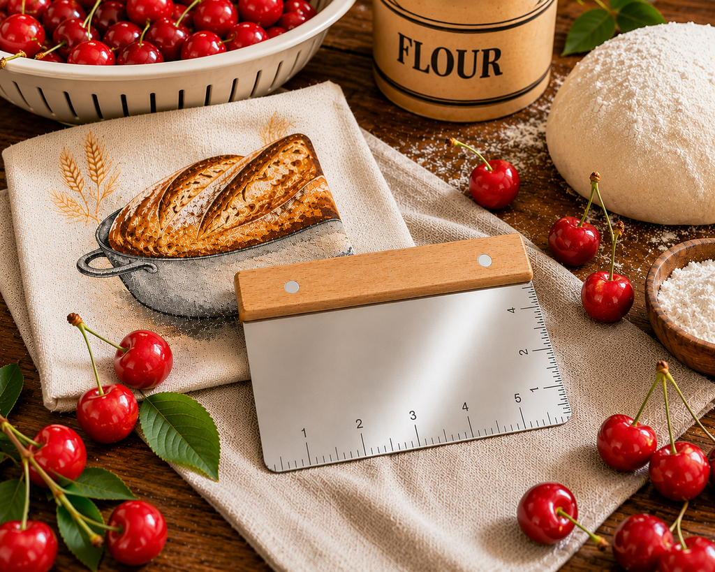 Stainless steel dough scraper with beechwood handle and measurement markings, styled on a linen bread towel surrounded by fresh cherries, a flour canister, and a bread dough ball