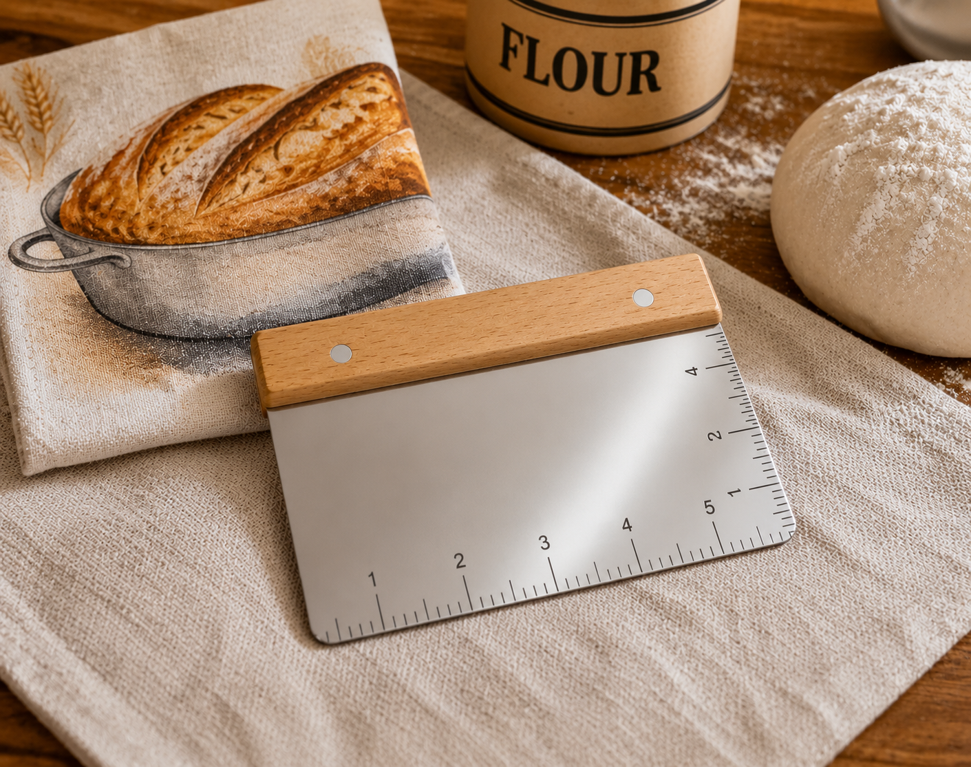Stainless steel dough scraper with beechwood handle and measurement markings, resting on a linen bread towel with a flour canister and bread dough ball in the background
