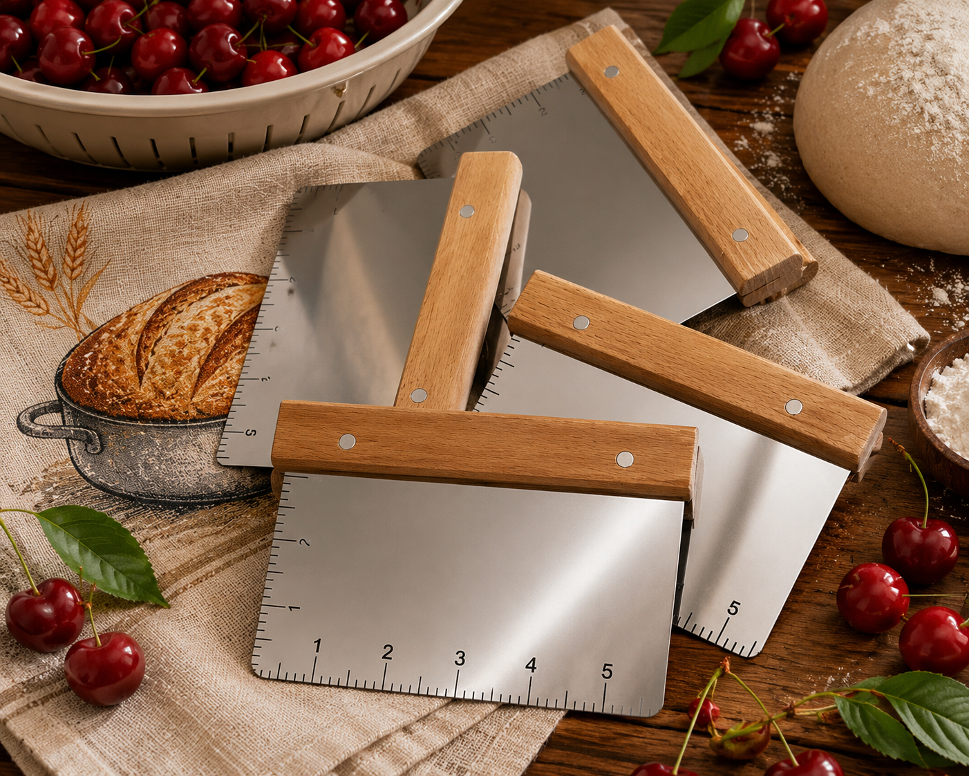 Three stainless steel dough scrapers with beechwood handles fanned out on a linen towel, surrounded by fresh cherries, bread dough, and a bowl of flour
