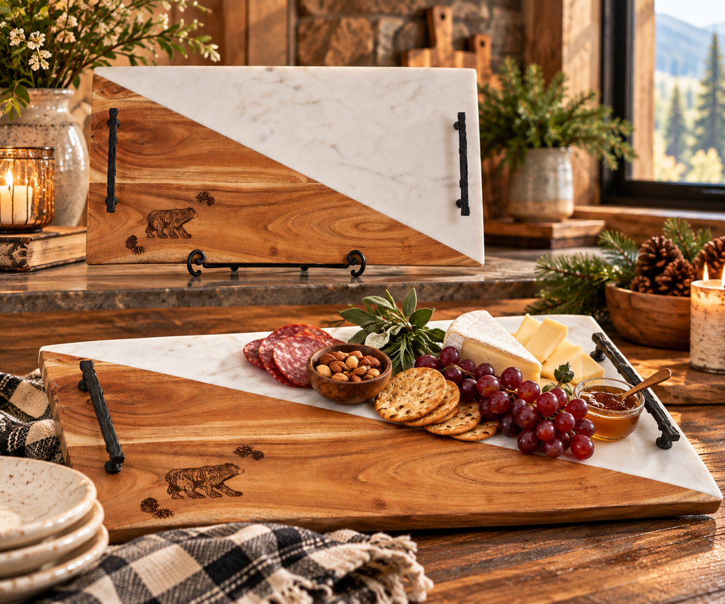 Rustic Bear Mango Wood & Marble Charcuterie Tray | Wood-Burned Bear Design, Park Designs