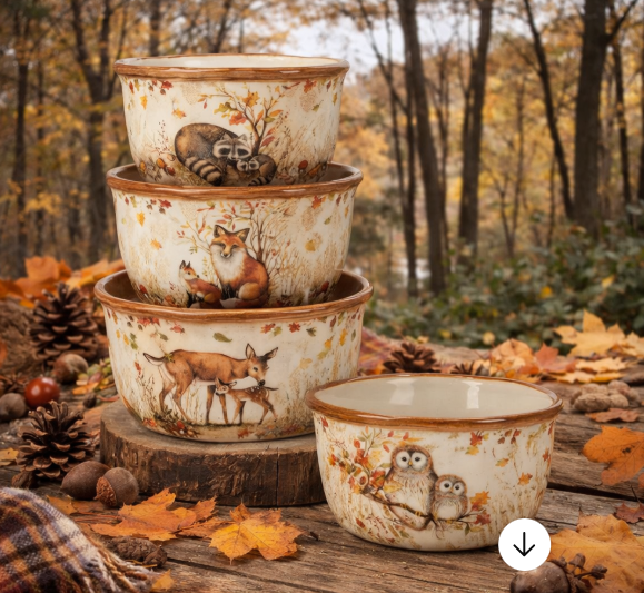 Pine Forest Woodland Dessert Bowls, Set of 4 Embossed Earthenware Charming Ice Cream Bowls