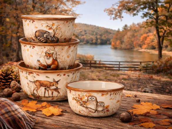 Pine Forest Woodland Dessert Bowls, Set of 4 Embossed Earthenware Charming Ice Cream Bowls