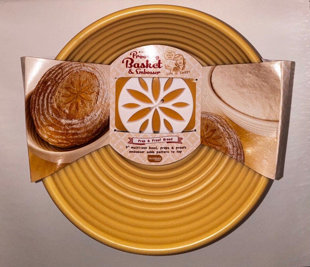 Yellow Talisman Designs proofing basket in its packaging with a removable flower-pattern embosser.