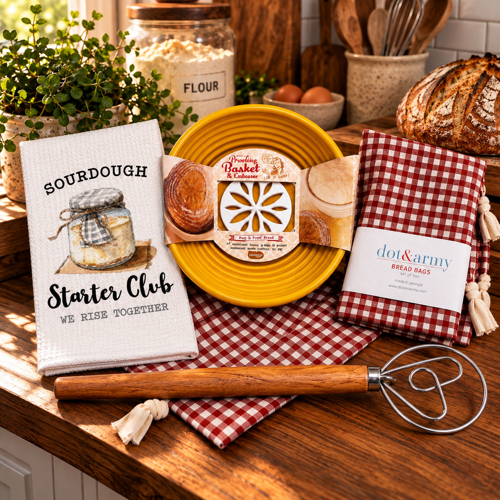 Overhead view of the sourdough accessory set with proofing basket, embosser, Starter Club towel, checked bread bags and Danish dough whisk.