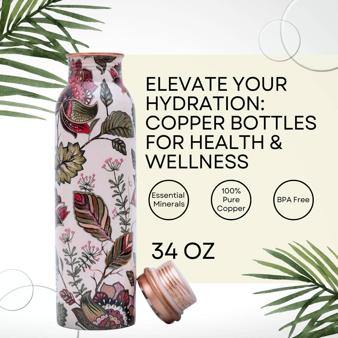 Pure Copper Water Bottle 34 oz - Carrara White / Perilla