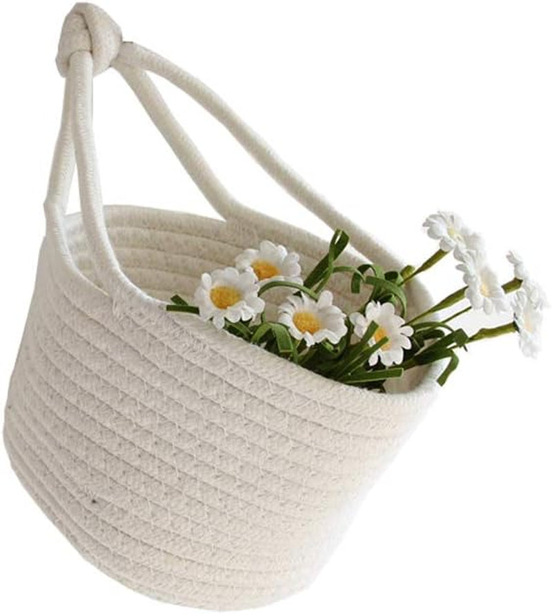 Personality Cotton Woven Fold Snacks Debris Sorting Storage Basket Hang Rope Woven Home Decor for Kids Room Decorative Perfect for Storing Small Household Items (Beige)