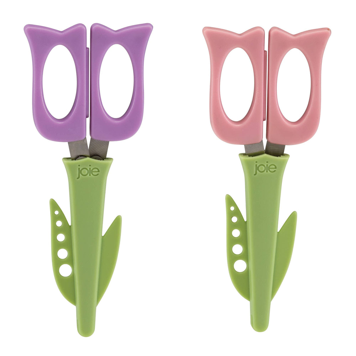 Joie Tulip Herb Scissors set of 2 displayed on a white background, one in purple and one in pink, each with a tulip-shaped handle and green herb-stripping sheath by Joie by MSC Internation