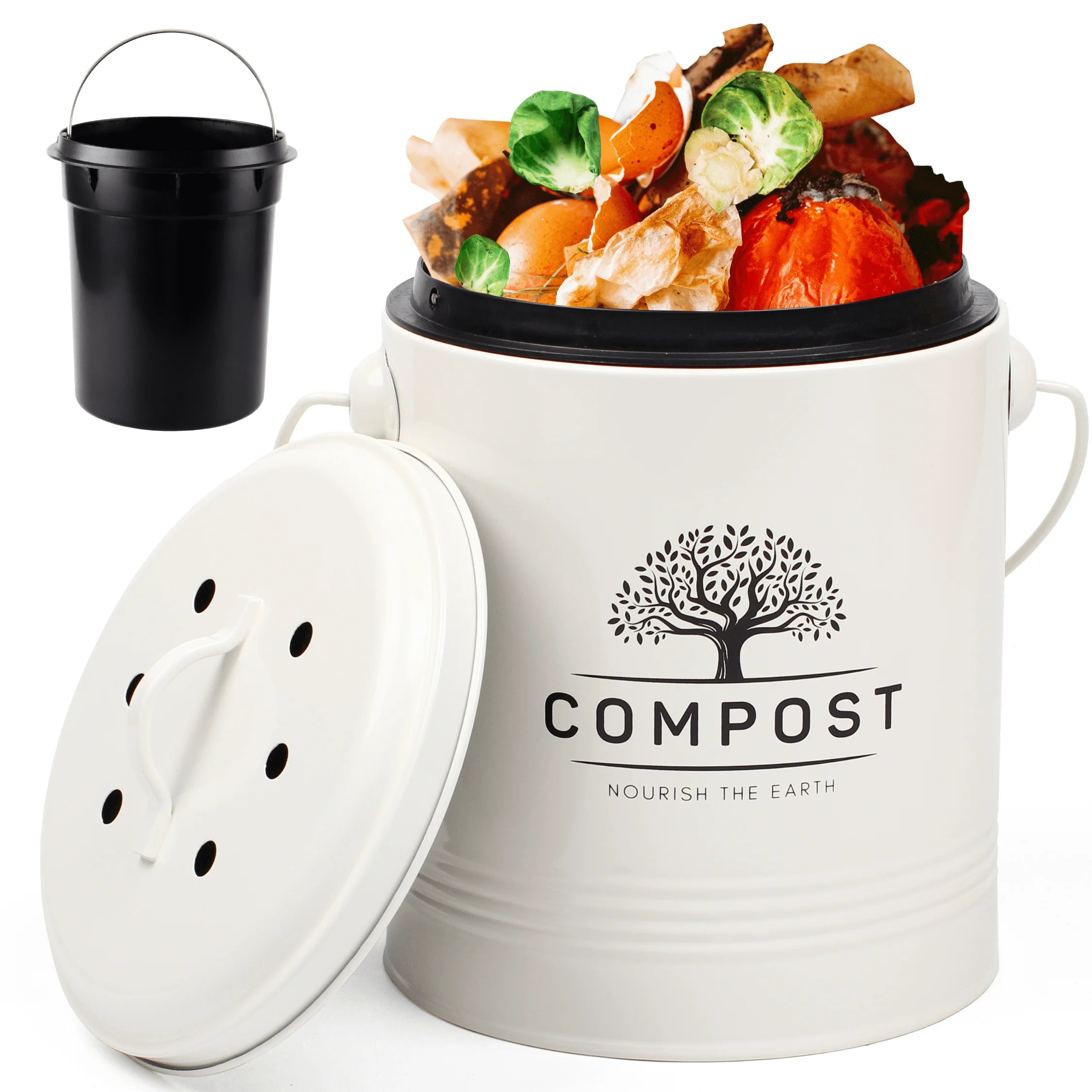 Kitchen Compost Bin, 1.3 Gallon Countertop Compost Bin with Lid, Indoor Compost Bucket Includes Inner Bucket Liner and Carbon Filter, Small Compost Bin with Compostable Bags, Recycle Bin for Food Was