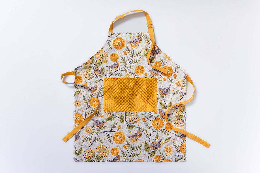 Gingiber Mums & Robins Apron | Artisan-Illustrated Cotton Kitchen Wear