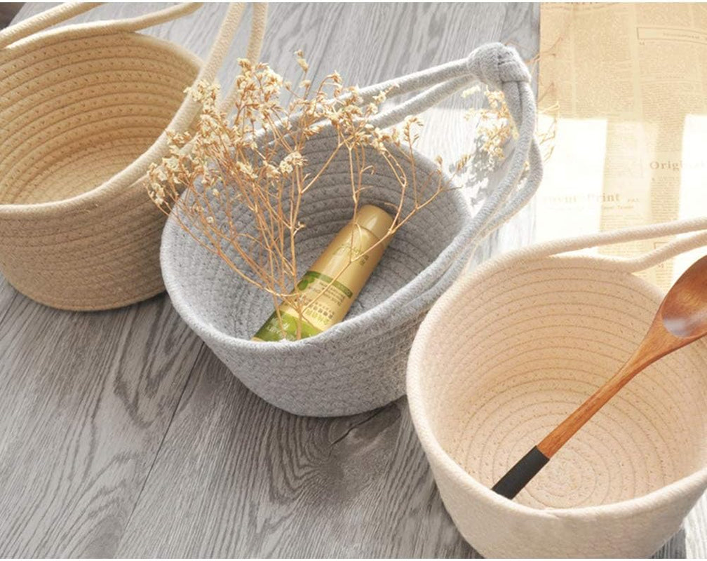 Personality Cotton Woven Fold Snacks Debris Sorting Storage Basket Hang Rope Woven Home Decor for Kids Room Decorative Perfect for Storing Small Household Items (Beige)