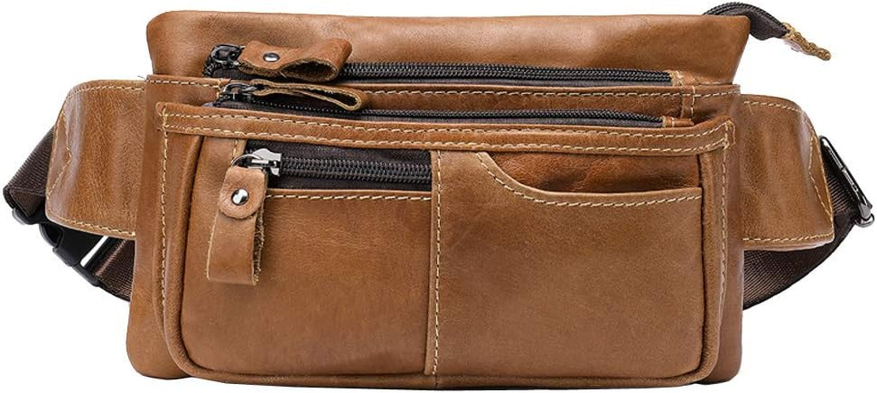 Leather Waist Pack Belt Fanny Bag for Men Women Hip Bum Purse Travel Hiking Running Cell Phone Clutch Pouch Handbag (Light Brown)