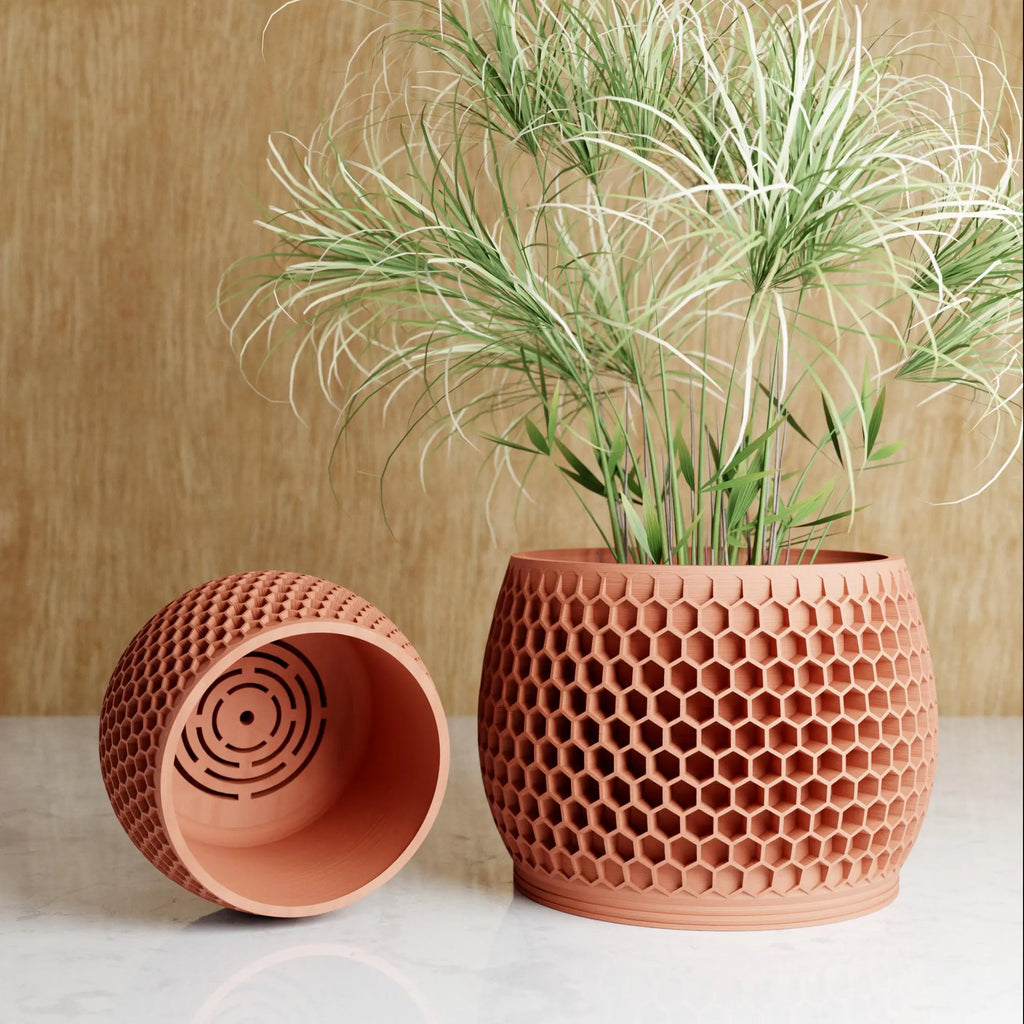 Wood Honeycomb Planter, Unique 3D Printed Plant Pot with Drainage & Saucer for Houseplants, 9 Color Options, Small to Large, 4 5 6 7 8 Inch