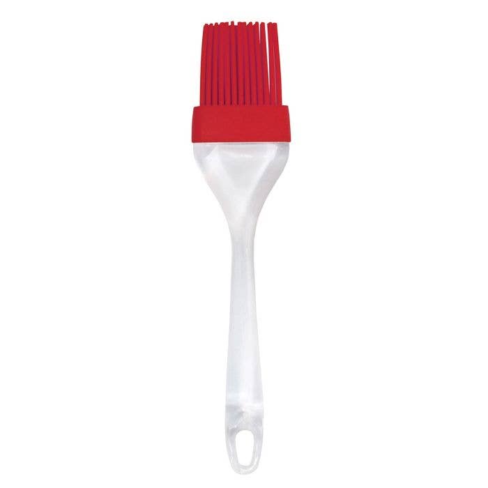 Mrs. Anderson's Baking 8-inch silicone pastry brush with red bristles and clear plastic handle, displayed upright on a white background.