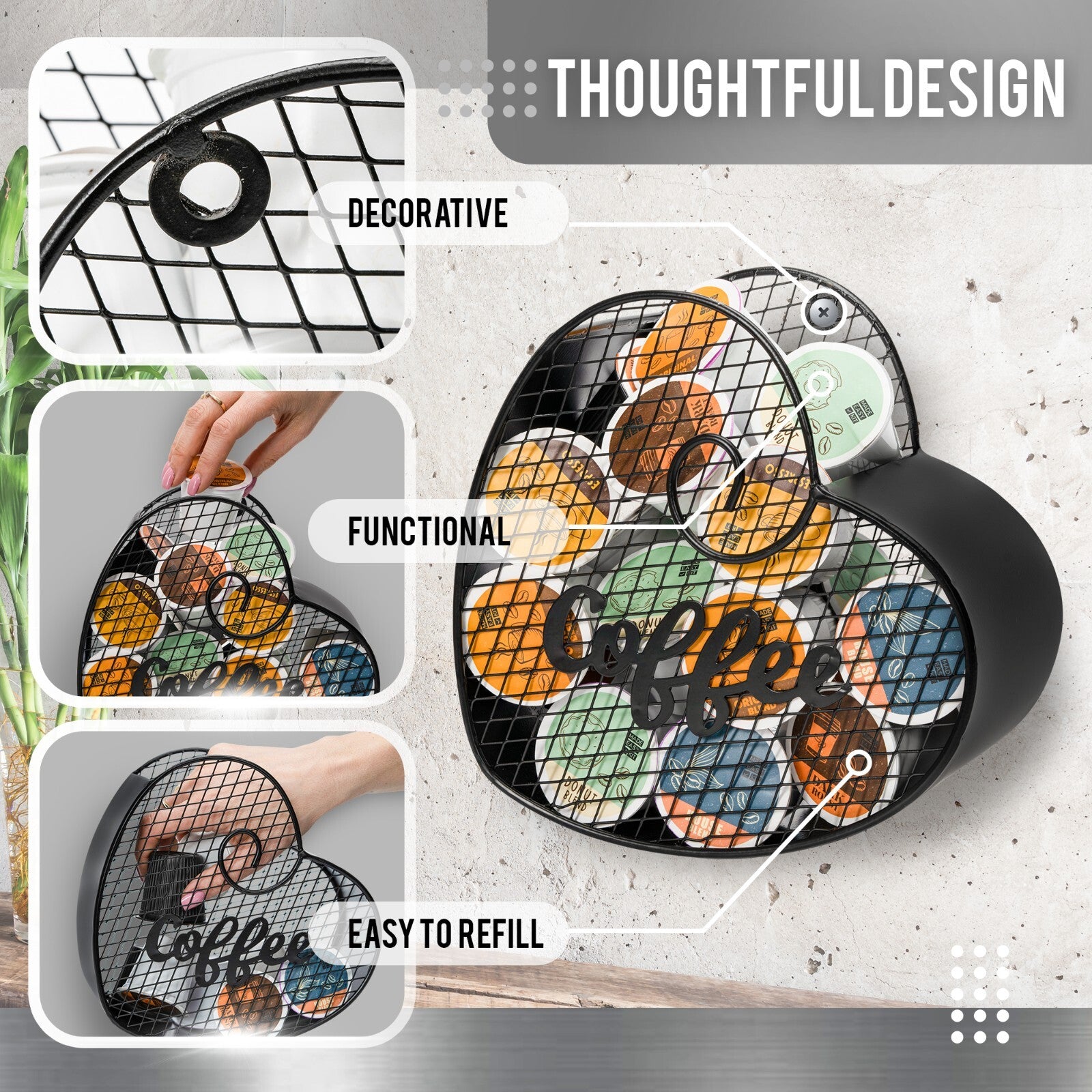 Made Easy Kit Coffee Pod Organizer, Coffee Bar Functional Décor, Black Heart