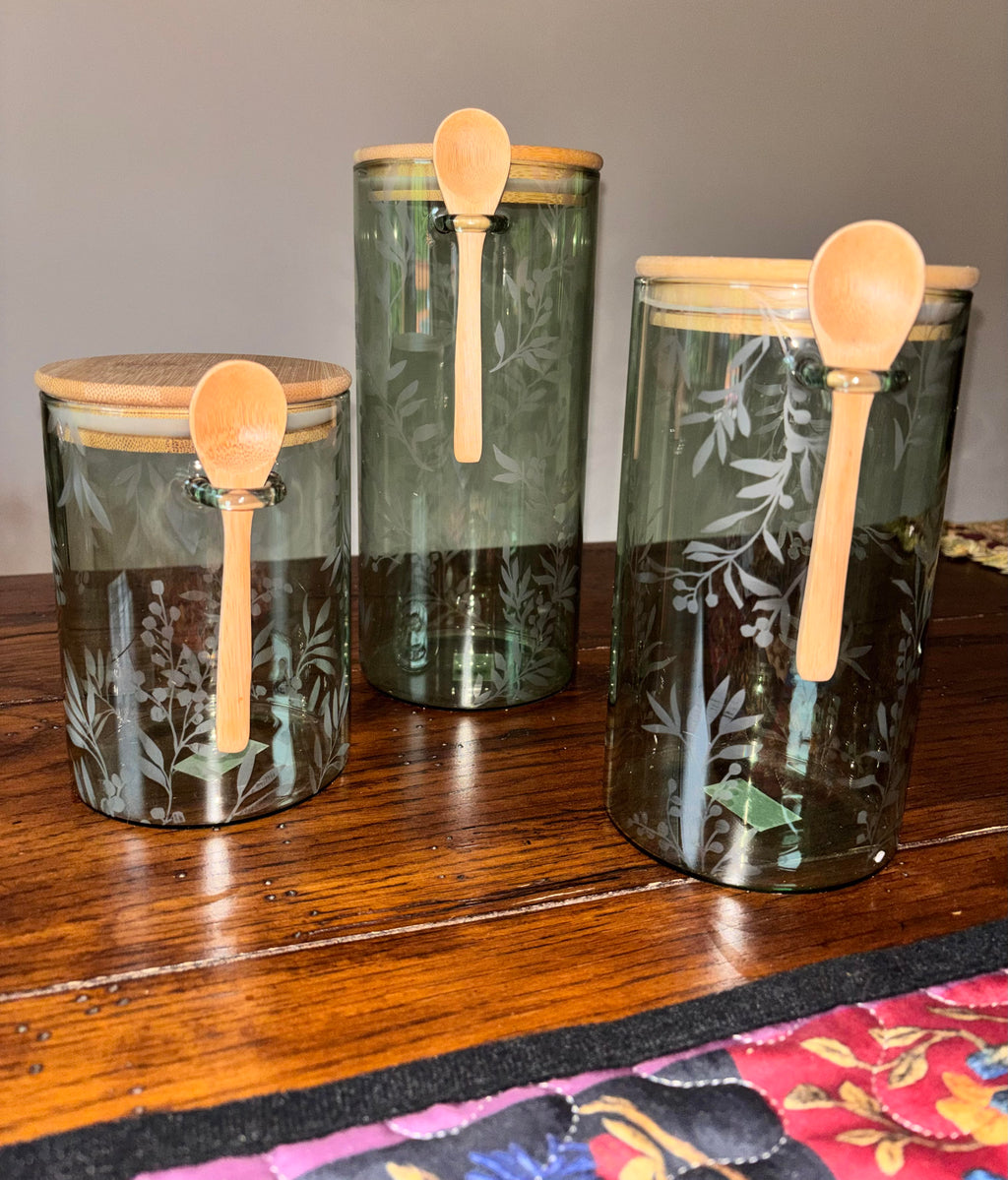 Cottage Bloom Green Glass Canisters S/3