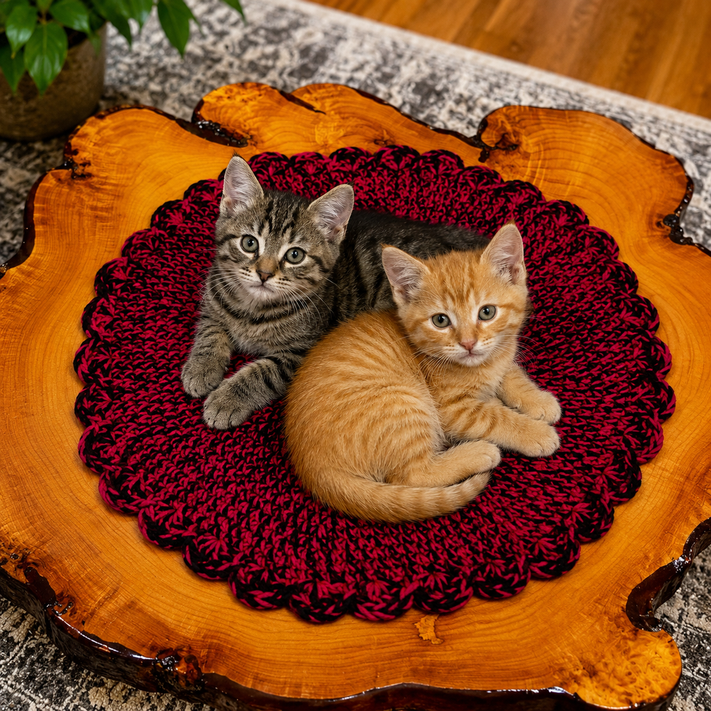 Two kittens, one gray tabby and one orange tabby, lying on a round dark red crocheted pet mat placed on a large natural wood slice serving tray.