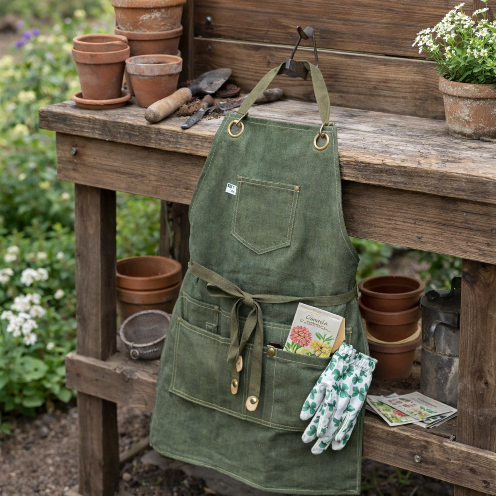 Gardening Apron, Waxed Canvas Apron with Pockets