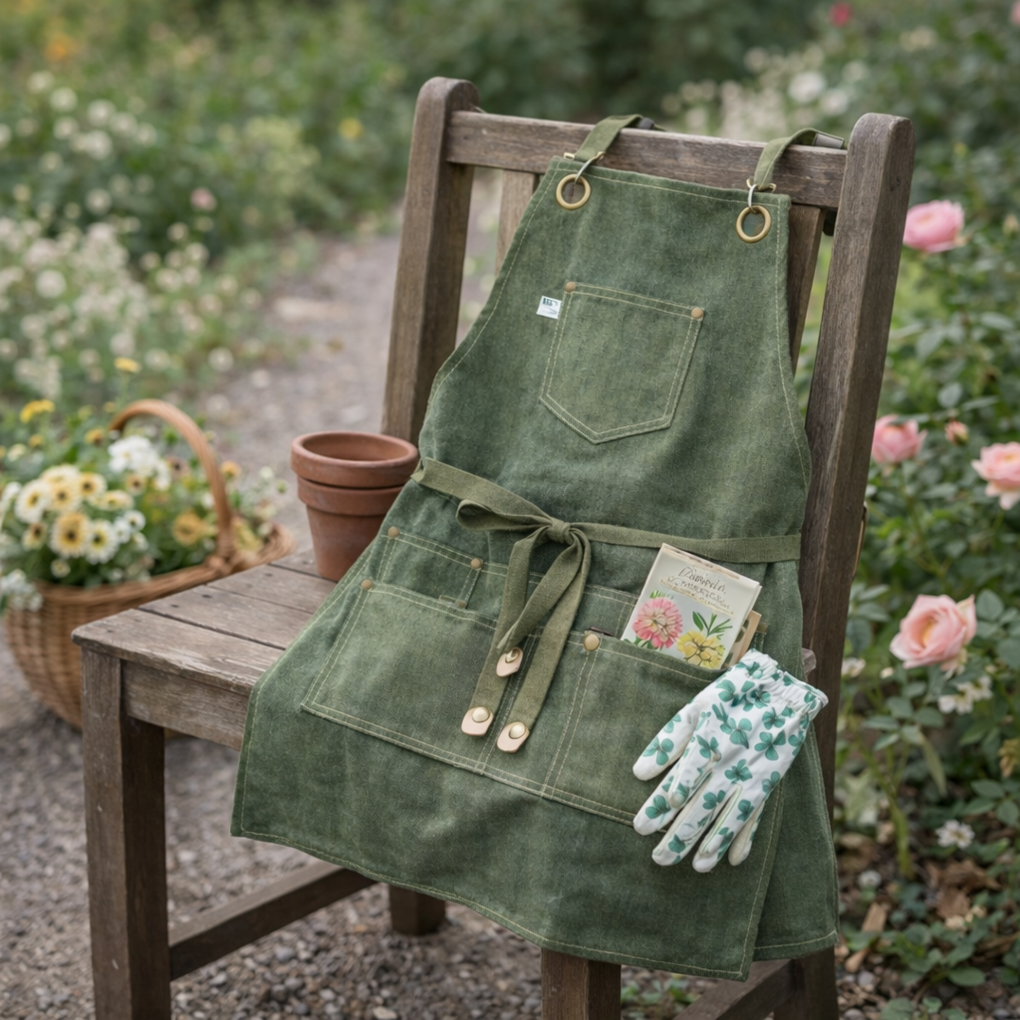 Gardening Apron, Waxed Canvas Apron with Pockets