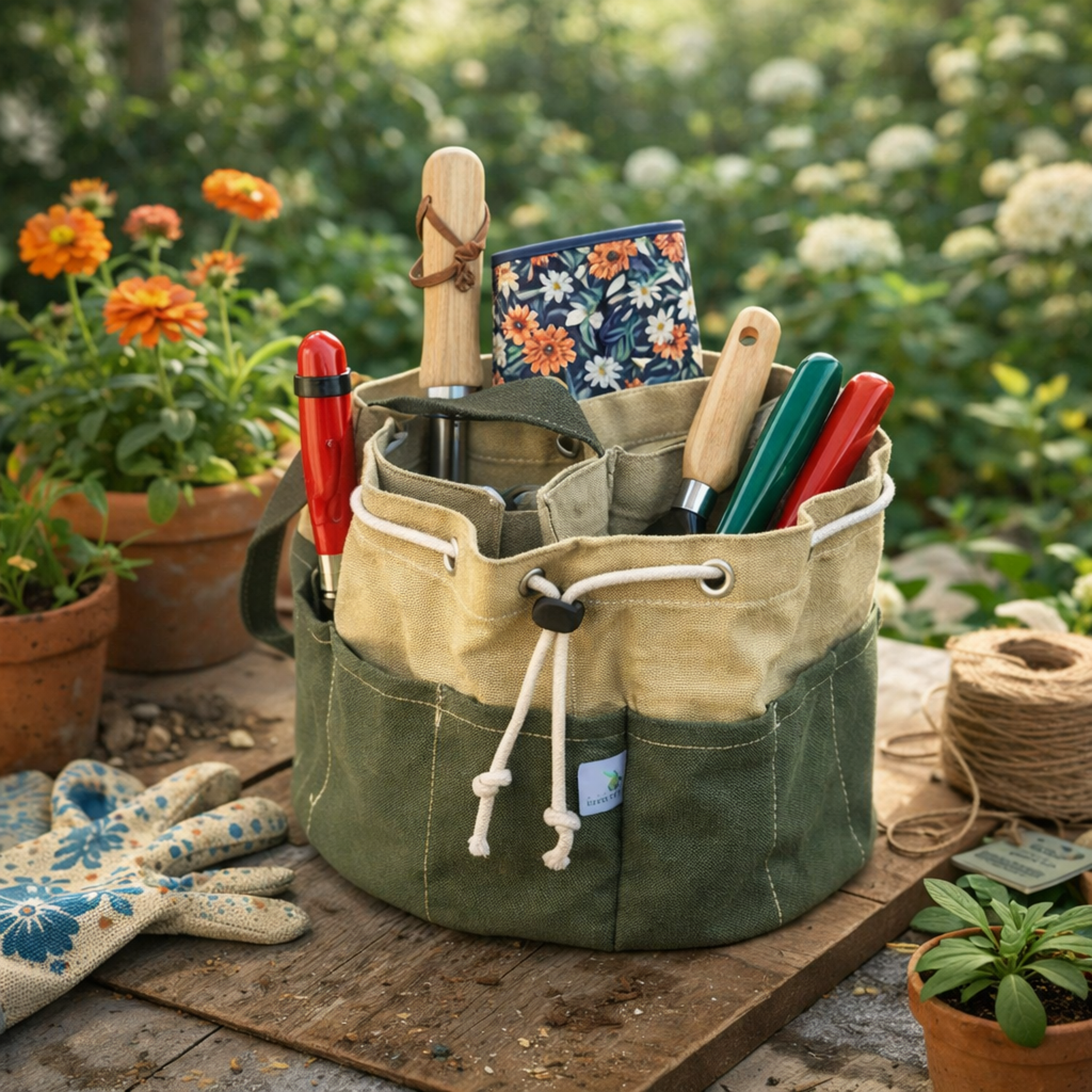 Waxed Canvas Garden Tool Organizer, Charming Bucket Tote for Cottage Garden Storage