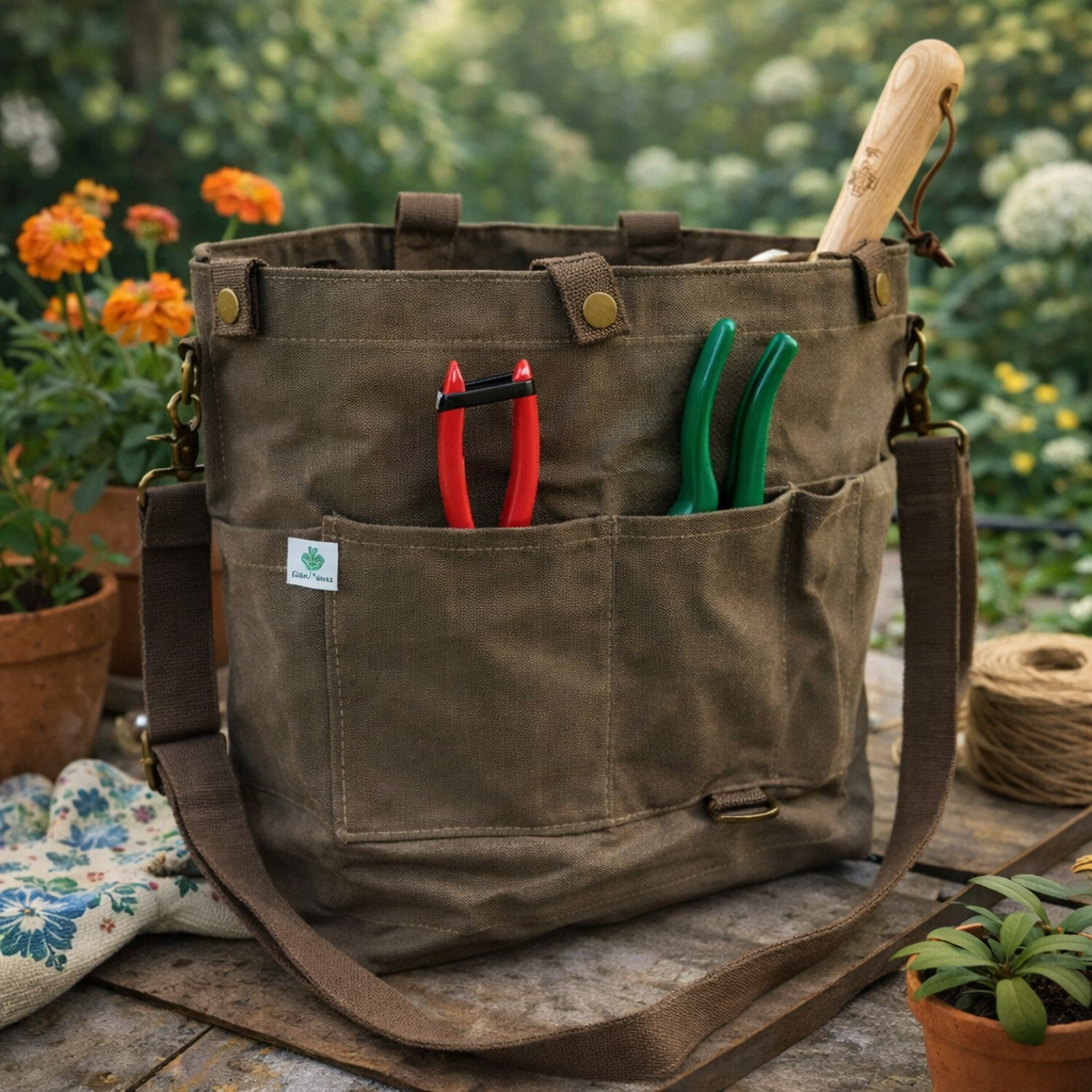 Gardener’s Shoulder Tote, Canvas Harvest & Tool Bag for Cottage Garden Living
