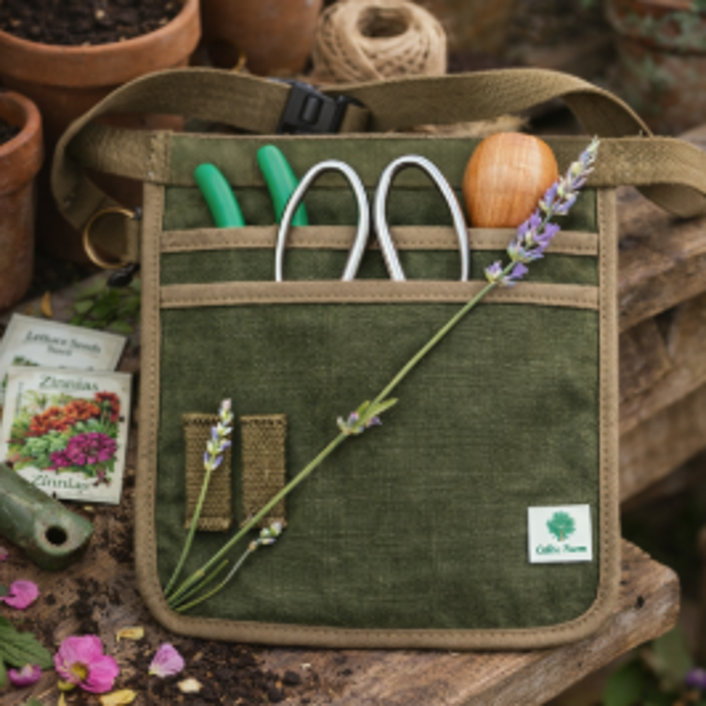 Olive-green Celtic Farm garden tool belt holding small tools, with lavender laid across the front.
