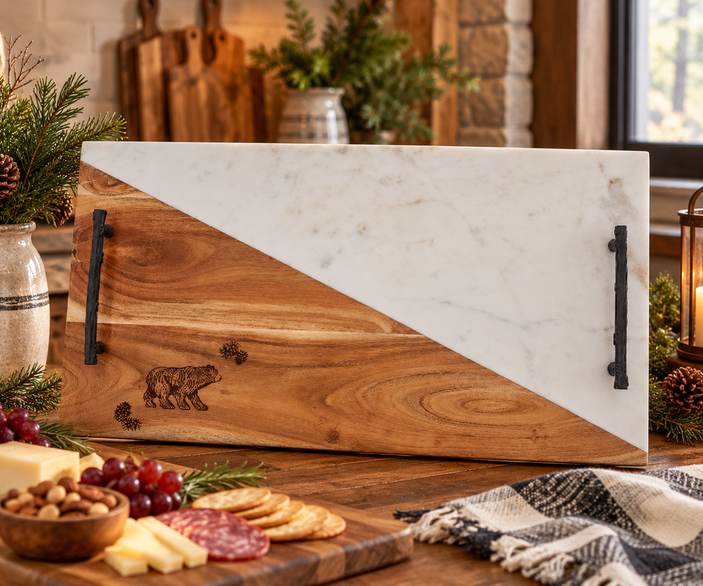 Rustic Bear Mango Wood & Marble Charcuterie Tray | Wood-Burned Bear Design, Park Designs