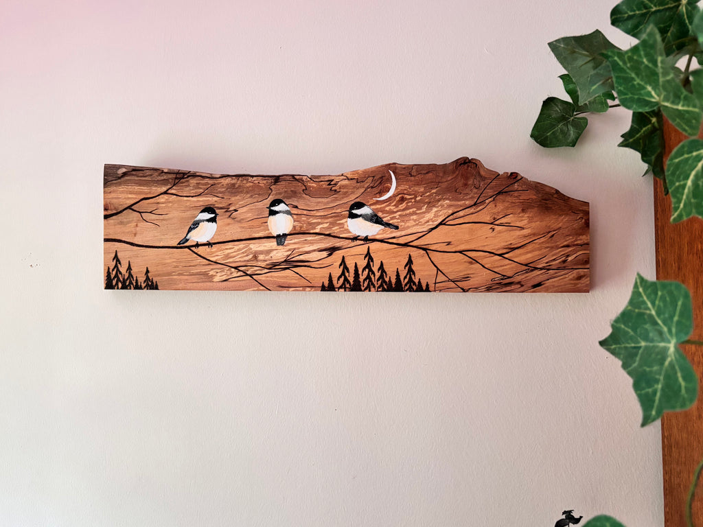 NEW Chickadee Trio on Spalted Maple – Original Wood Burn & Acrylic Art - Handcrafted by Darren Segool MADE IN USA
