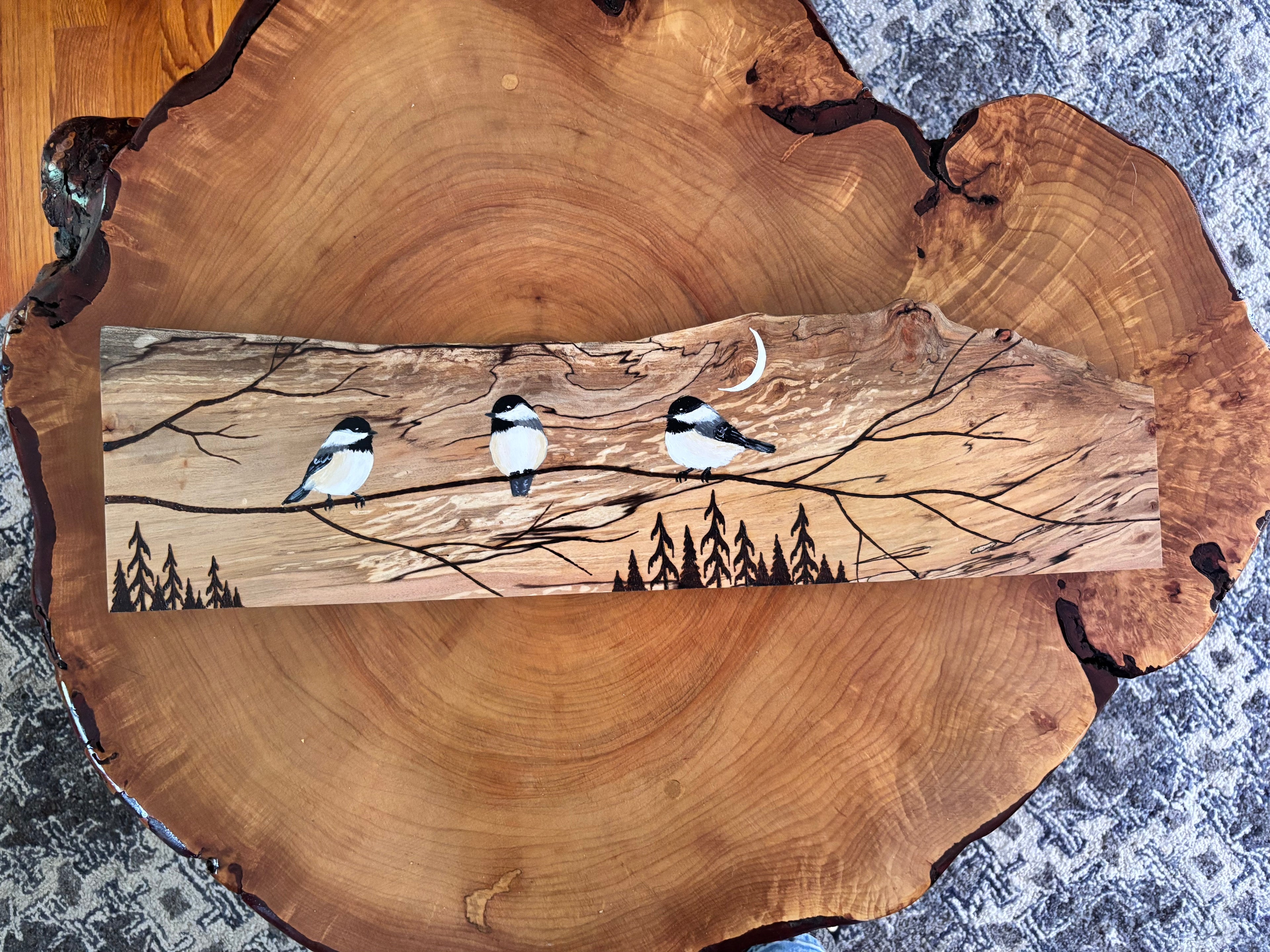 NEW Chickadee Trio on Spalted Maple – Original Wood Burn & Acrylic Art - Handcrafted by Darren Segool MADE IN USA