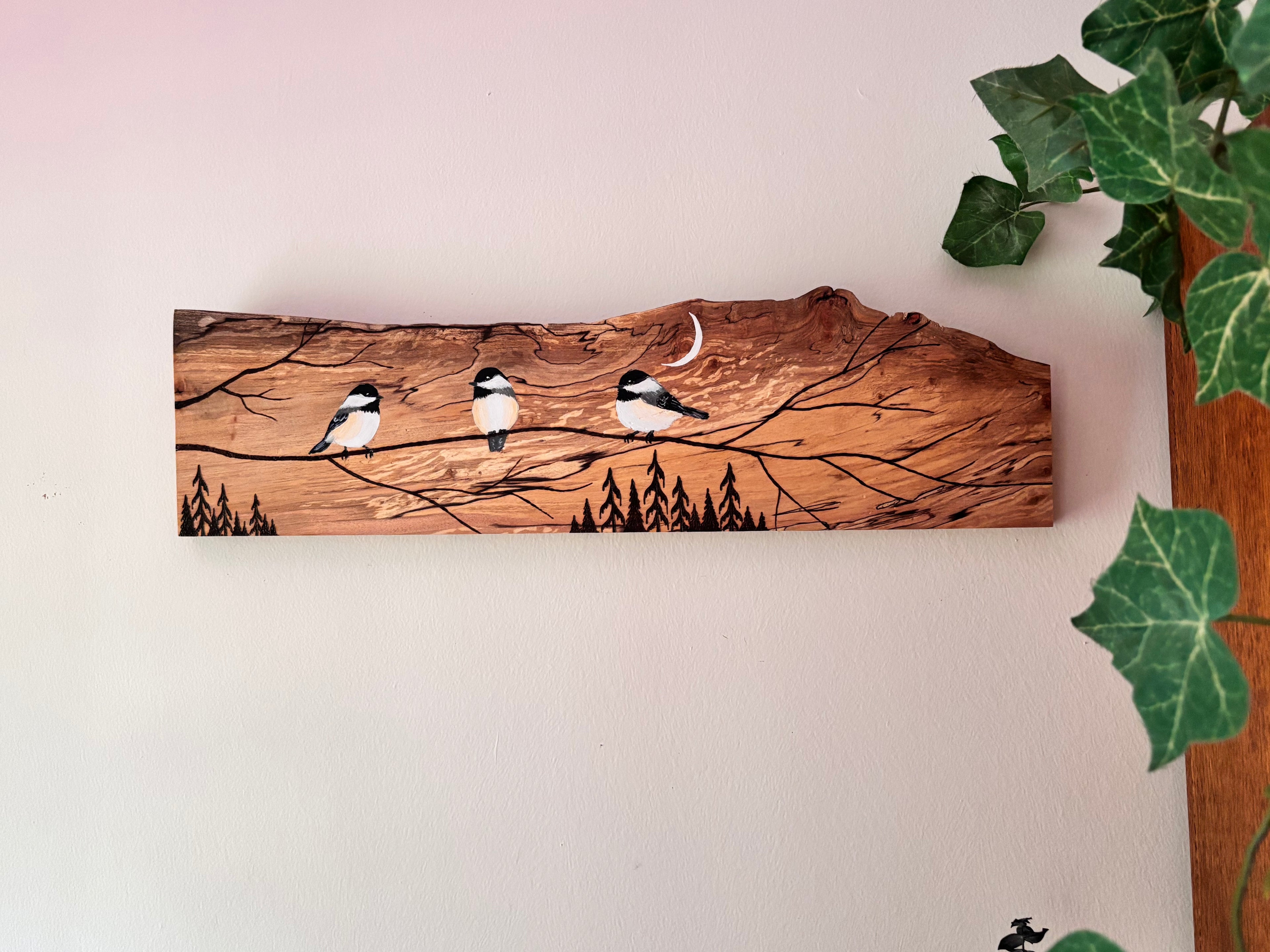 NEW Chickadee Trio on Spalted Maple – Original Wood Burn & Acrylic Art - Handcrafted by Darren Segool MADE IN USA