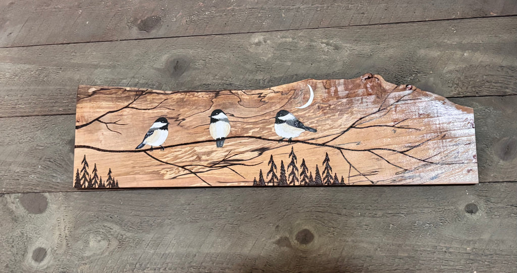 NEW Chickadee Trio on Spalted Maple – Original Wood Burn & Acrylic Art - Handcrafted by Darren Segool MADE IN USA