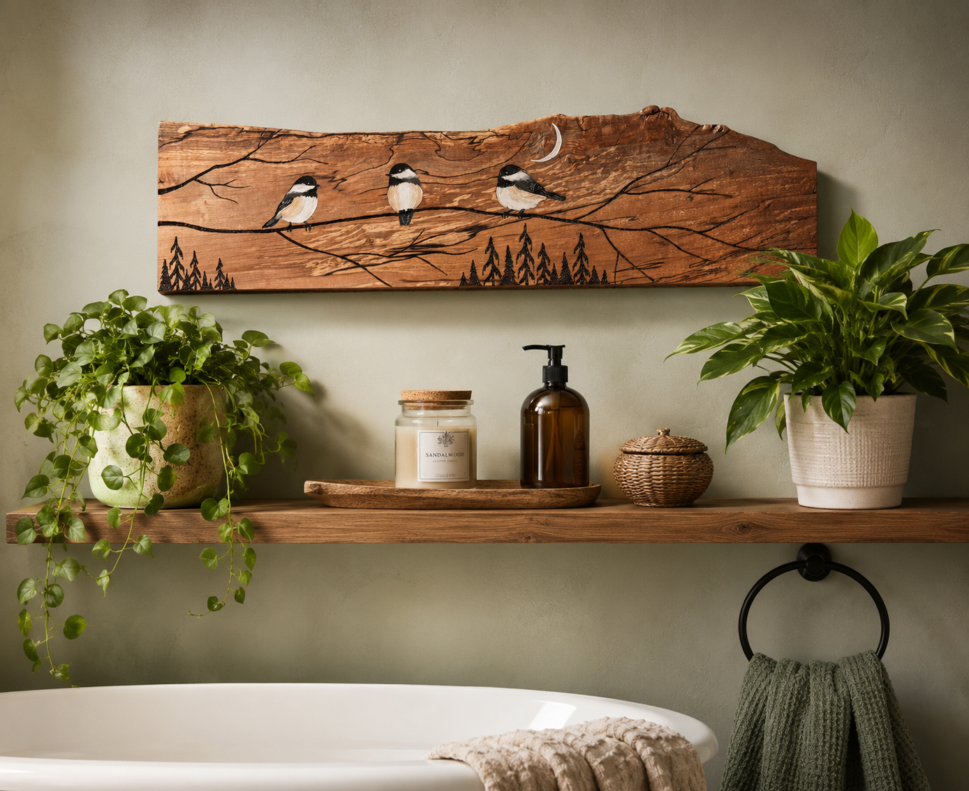 Chickadee Trio on Spalted Maple wood burn wall art by Adirondack Art Co. displayed above a floating wood shelf in a serene spa-style bathroom with trailing plants and candle