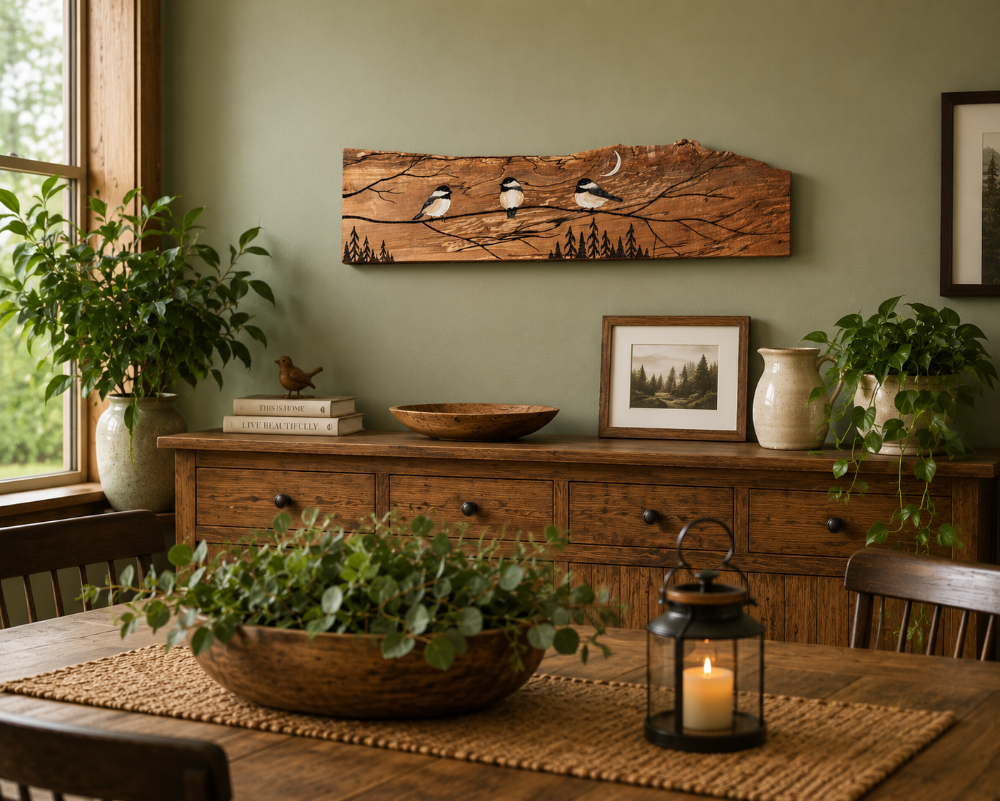 Chickadee Trio on Spalted Maple wood burn wall art by Adirondack Art Co. hung above a rustic wood sideboard in a cozy sage green dining room with plants and lantern