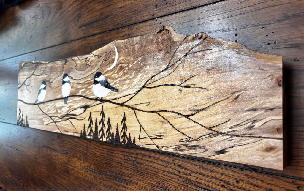 NEW Chickadee Trio on Spalted Maple – Original Wood Burn & Acrylic Art - Handcrafted by Darren Segool MADE IN USA