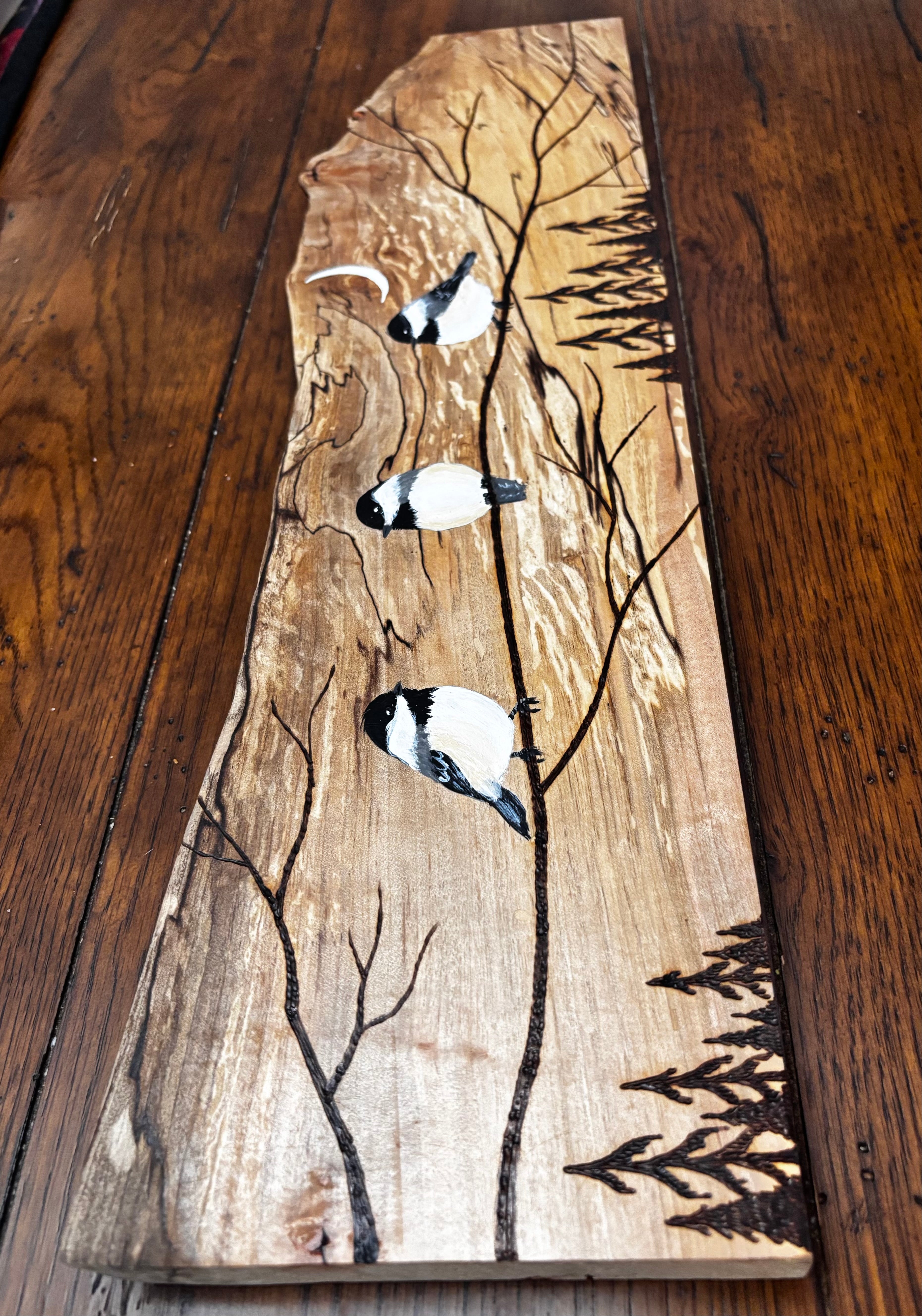 NEW Chickadee Trio on Spalted Maple – Original Wood Burn & Acrylic Art - Handcrafted by Darren Segool MADE IN USA