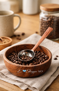 Hammered copper handle coffee scoop resting in a wood bowl filled with coffee beans, styled with a mug and glass jar on a linen surface