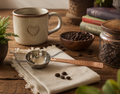 Hammered copper and stainless steel coffee scoop on a linen napkin styled with a stoneware heart mug, coffee beans, and a glass jar on a rustic wood table