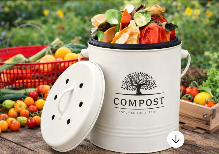 Farmhouse Countertop Compost Bin, Metal Food Scrap Collector with Inner Pail & Charcoal Filter (1.3 Gal.)